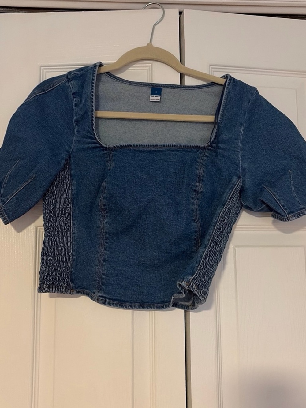 Old Navy Dark Blue Denim Square-Neck Puff Sleeve Crop Top